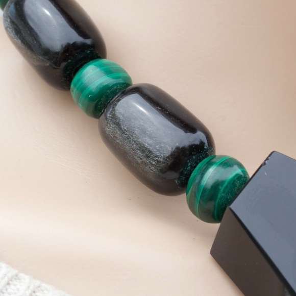 Vintage Silver Sheen Obsidian & Malachite Beaded Necklace with Geometric Pendant - Picture 4 of 10